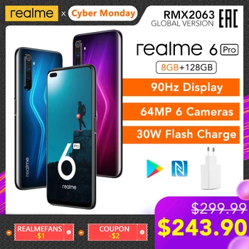 Перейти на Алиэкспресс и купить Смартфон realme 6 Pro, 8 + 128 ГБ, Snapdragon 720G, 30 Вт, 64 мп