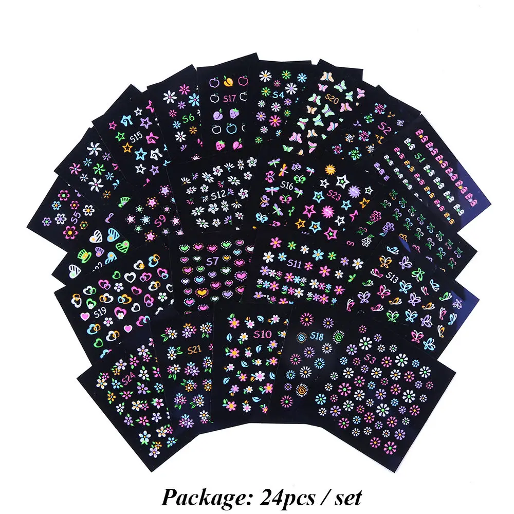 Lots Fluorescent Flowers Nail Stickers Party Butterfly Night Glow Star Decoration Manicure Applique Sliders For Nails Set Design