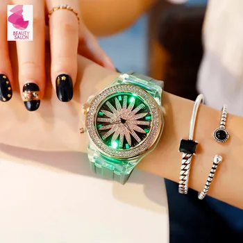

Cool Girls Gift Watches Silicone Strap LED Shining Luminous Wristwatches Japan Movement Waterproof Rhinestone Rotation Watch New