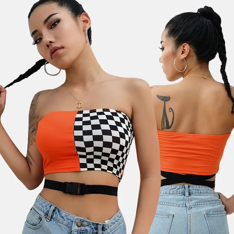 Patchwork Checkerboard Strapless Top Casual Checkered Crop Tops Women Streetwear Bandeau Boob Tube Top Wrap Chest