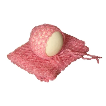 

New 2Pcs Newborn Photography Props Fluffy Stretch Knitted Wrap Mesh Hat Blanket Set
