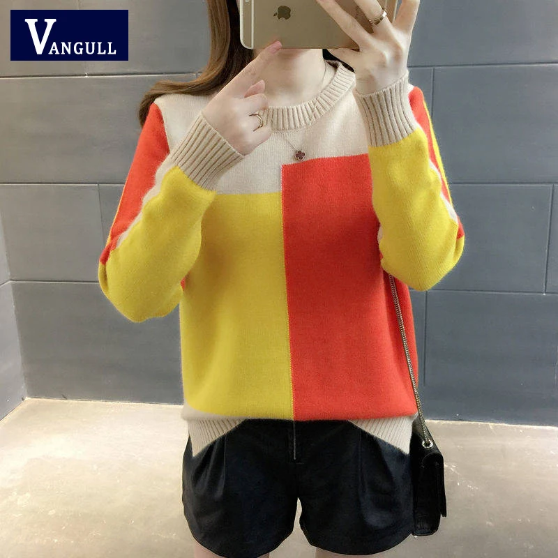 

Vangull Contrast Color Women Sweater Autumn Winter Casual Long Sleeve Pullovers Female Warm O-Neck Soft Knitted Jumper Sweater
