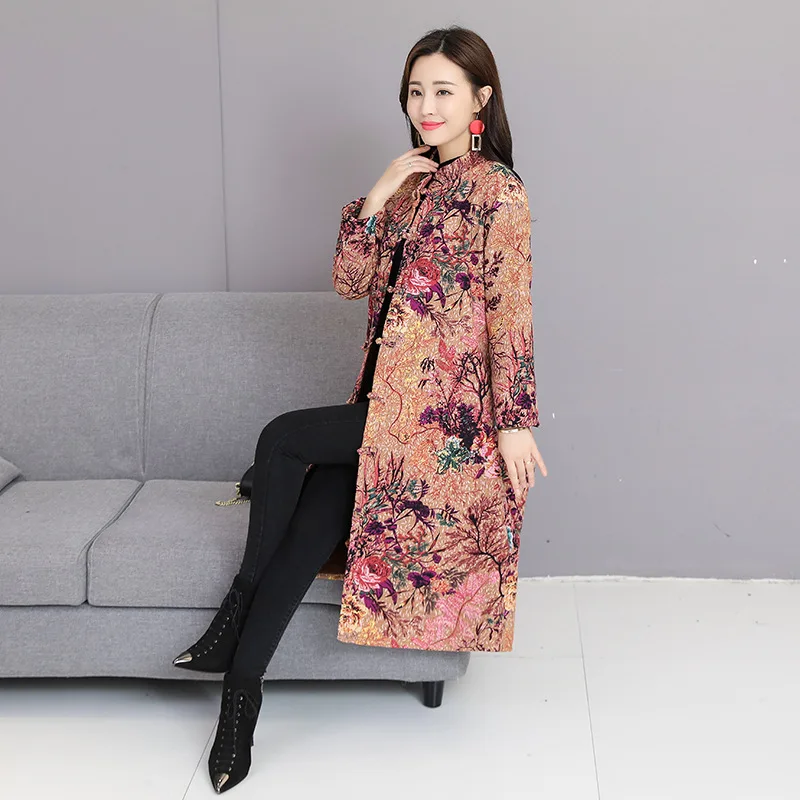 

2019 Winter New Style National Style Large Size Loose-Fit Printed Cotton Linen Brushed And Thick Frog Mid-length Cotton Overcoat