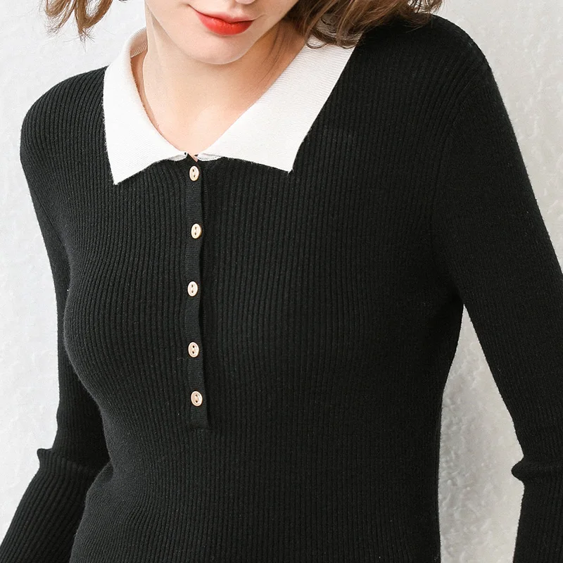 

LHZSYY 2019Autumn Winter New Women Knitted Lapel Sweaters Fashion Tight Short Bottoming shirt Was Thin Wild Pullover Soft Blouse