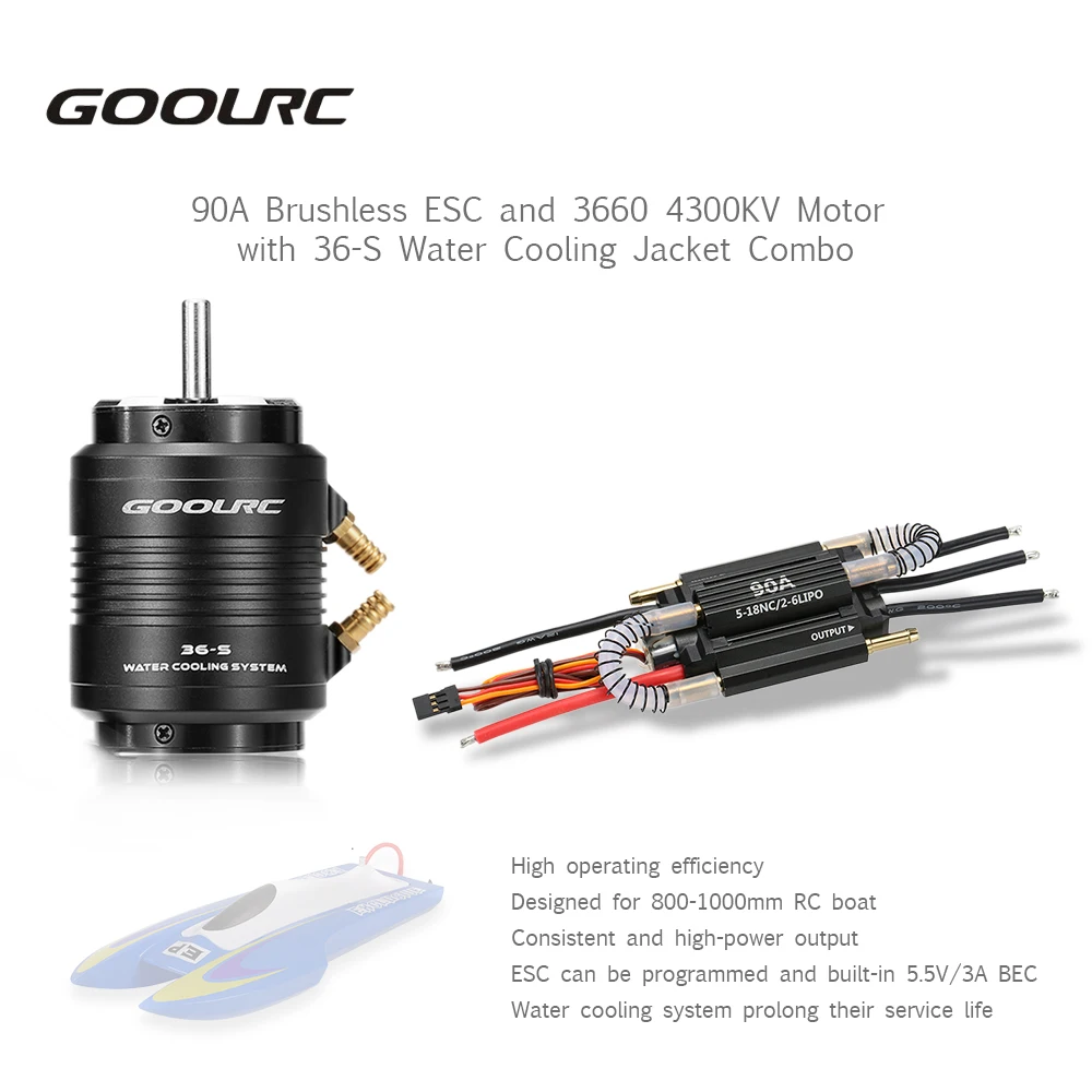 

High Quality Original GoolRC 90A Brushless ESC and 3660 4300KV Motor with 36-S Water Cooling Combo for 800-1000mm RC Boat