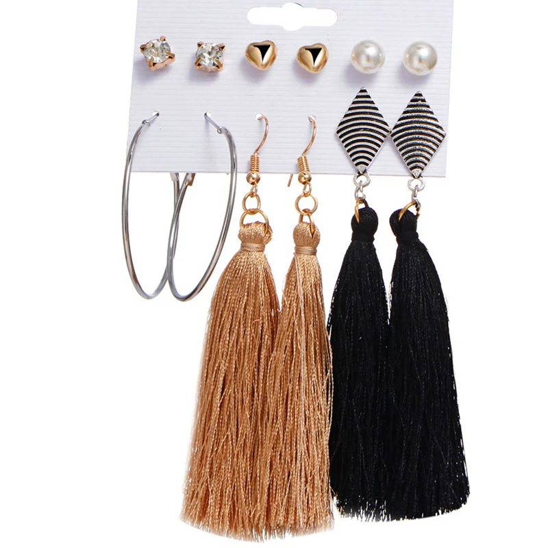 Bohemia Long Tassel Dangle Earrings Set For Women Crystal Heart Simulated Pearl Earring Fabric Female Fashion 2019 Jewelry