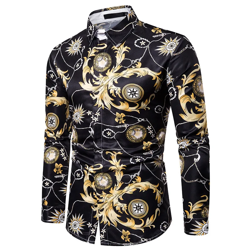 Luxury Royal Mens Shirts Casual Slim Fit Cross Gemstone Printed Long Sleeve Slim Fit Chemise Homme Men Prom Party Tuxedo Shirt - Color: C507