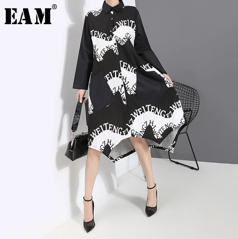 

[EAM] Women Print Contrast Color Asymmetric Shirt Dress New Lapel Long Sleeve Loose Fit Fashion Tide Spring Autumn 2019 1A891