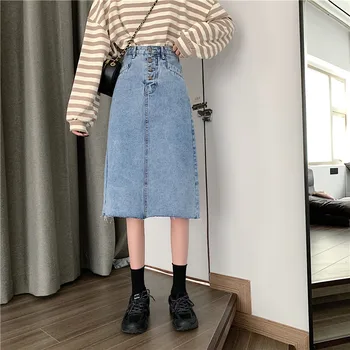 

Split Summer Denim Jeans Skirts Women High Waist Long Straight Skirts Buttons Vintage Harajuku Midi Pencil Skirt Plus Size X257
