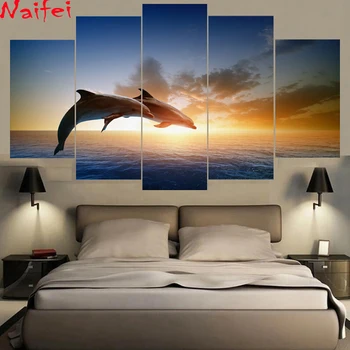 

5d diamond painting full square/round 5 Pieces Jumping Dolphins Animal Painting Sunset Seascape 3D Diamond Embroidery Home Decor