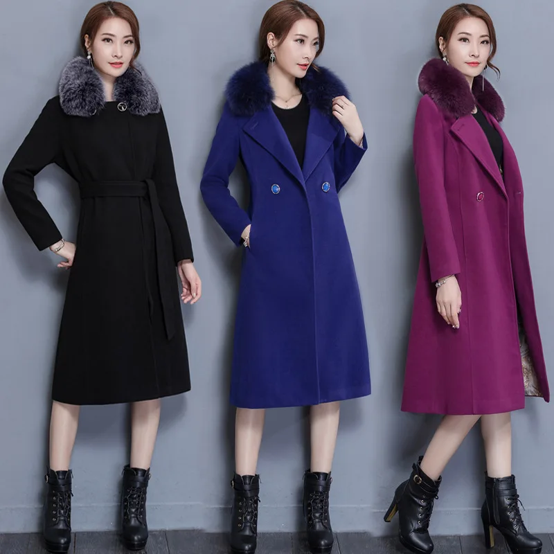 

2017 Winter New Style Korean-style Women's Thick Fox Fur Collar Woolen Jacket Mid-length Woolen Coat