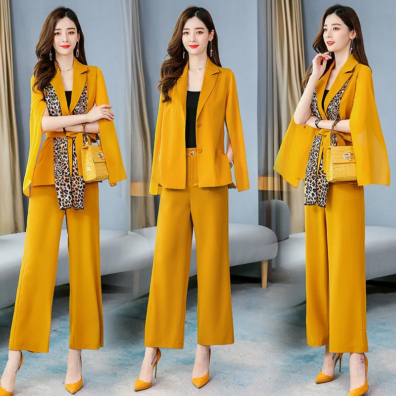 

2020 Elegant Spring Fall Women Pants Suit Notched Blazer Jacket and Wide Leg Pants Office Wear Ladies Clothes Female 2 Piece Set
