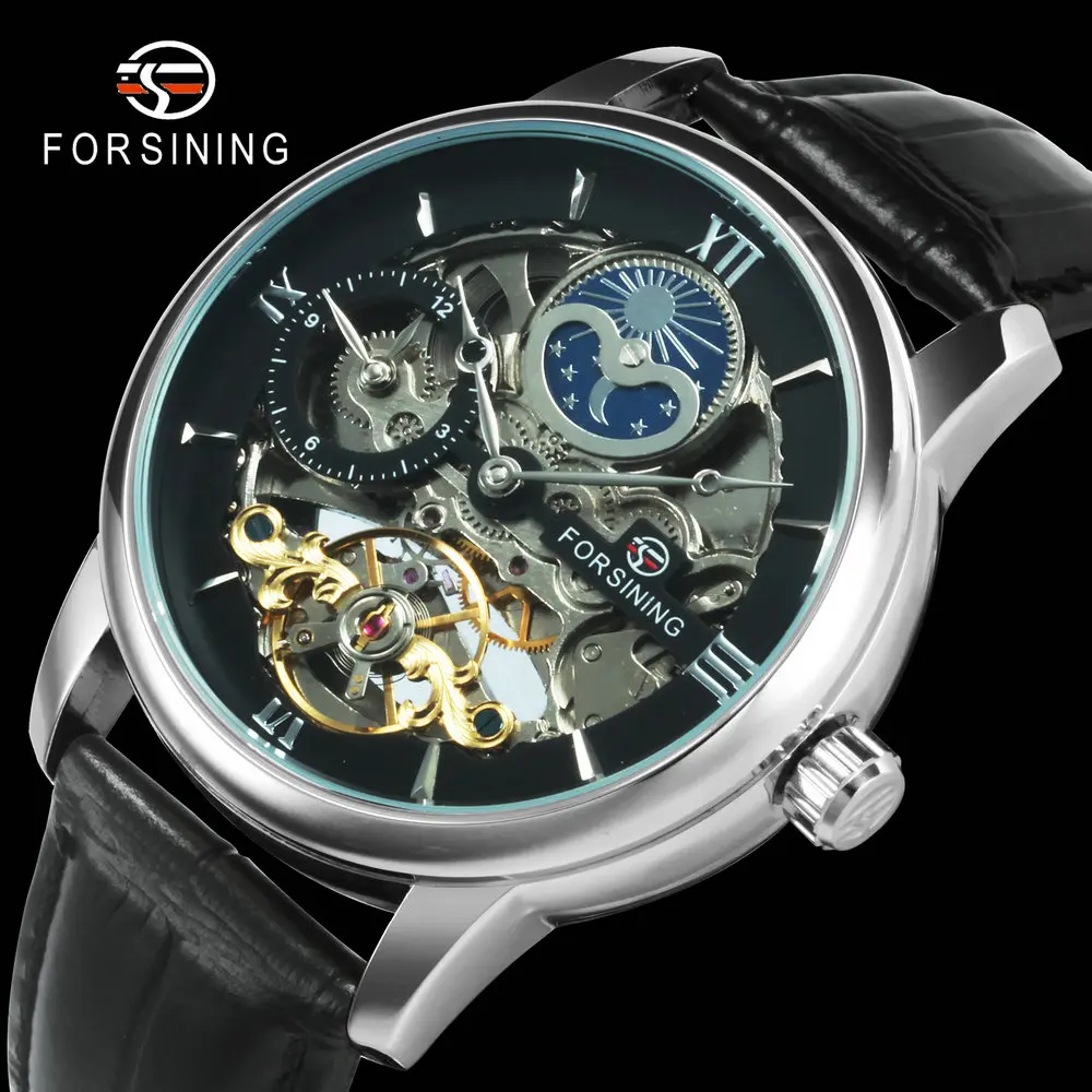 

FORSINING Classic Automatic Mechanical Watch Men Sun Moon Phase Skeleton Tourbillon Watches Genuine Leather Band Casual Clock