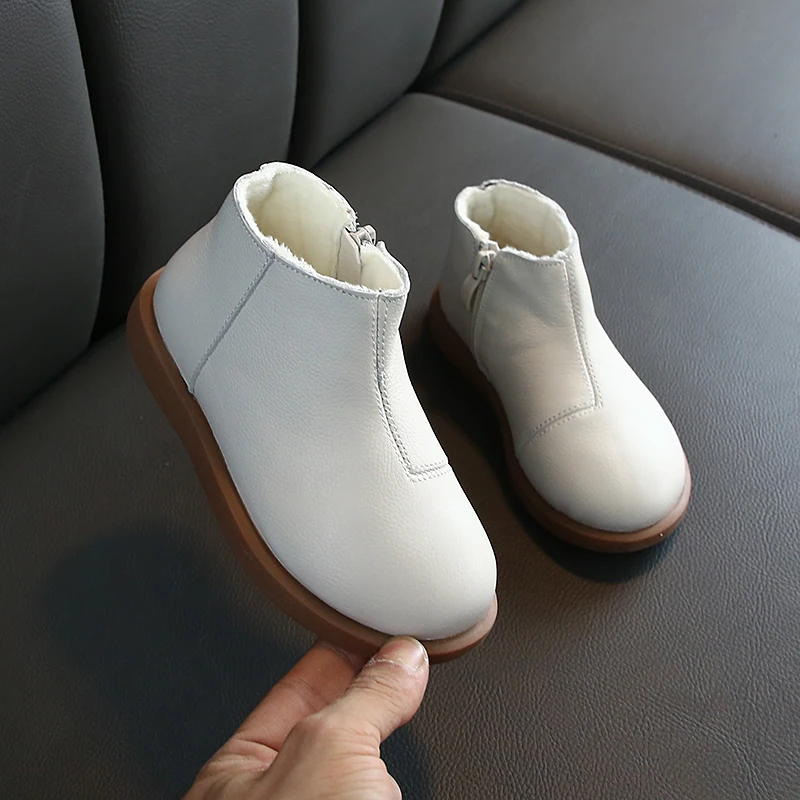SSW064Beige Детские ботинки из натуральной кожи с мягкой подошвой; удобные Детские утепленные ботильоны на молнии; однотонные; SSW064 - Цвет: SSW064Beige