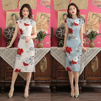 

FZSLCYIYI Ladies Chinese Clothing Silk print Cheongsam China Style Elegant Daily Traditional Dress Satin Silk Qipao