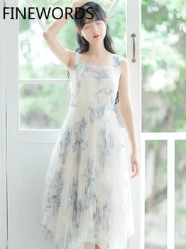 

FINEWORDS 2020 Summer Chiffon Floral Ladies Dresses Vintage Spaghetti Strap Sexy Dress Elegant Plus Size Midi White Party Dress
