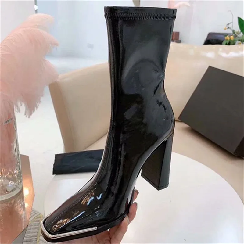 Ladies Boots Scarpe Donna Women Shoes Patent Leather Chaussures Femme Ankle Boots High Heel Female Shoes Round Toe Botas Mujer