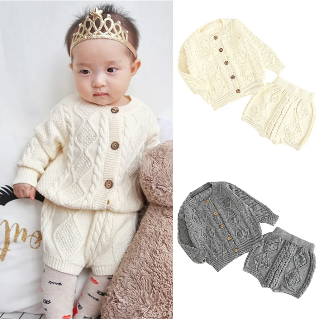 Вязаные комплекты одежды для новорожденных девочек и мальчиков, теплый свитер на пуговицах, пальто и шорты, осенние и зимние детские наряды наборы верхней одежды