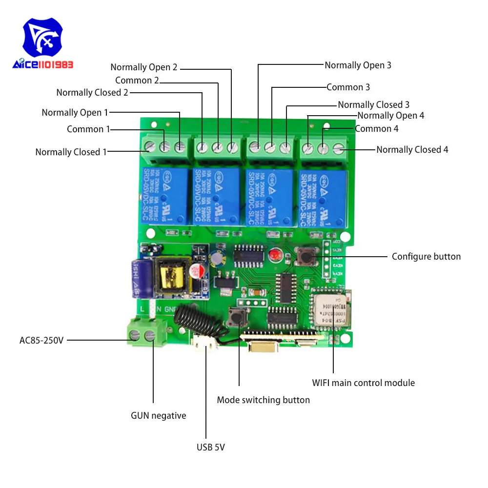 Diymore Sonoff WiFi переключатель 433 МГц 4CH AC 85-220 В/DC 5 В WiFi переключатель таймер релейный модуль с 433 МГц пульт дистанционного управления для умного дома