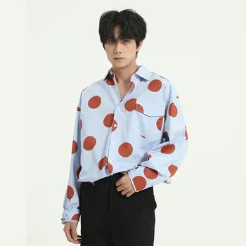 

Male High Street Hip Hop Vintage Fashion Dress Shirts Japan Korea Style Men Dots Loose Casual Long Sleeve Shirts