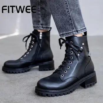 

FITWEE Women Genuine Leather Riding Boots Platform Flats Winter Boots Zipper Casual Sexy Shoes Woman Footwear Size 34-40