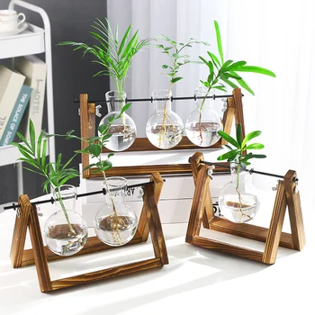 

Glass and Wood Vase Planter Terrarium Table Desktop Hydroponics Plant Bonsai Flower Pot Hanging Pots with Wooden Tray Home Decor