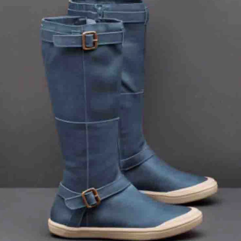 blue Woman Mid Calf High Boots New Autumn Women Zipper Buckle Flat Shoes Woman's Pu Leather Solid Boots Female Sewing Fashion Causal - Цвет: blue