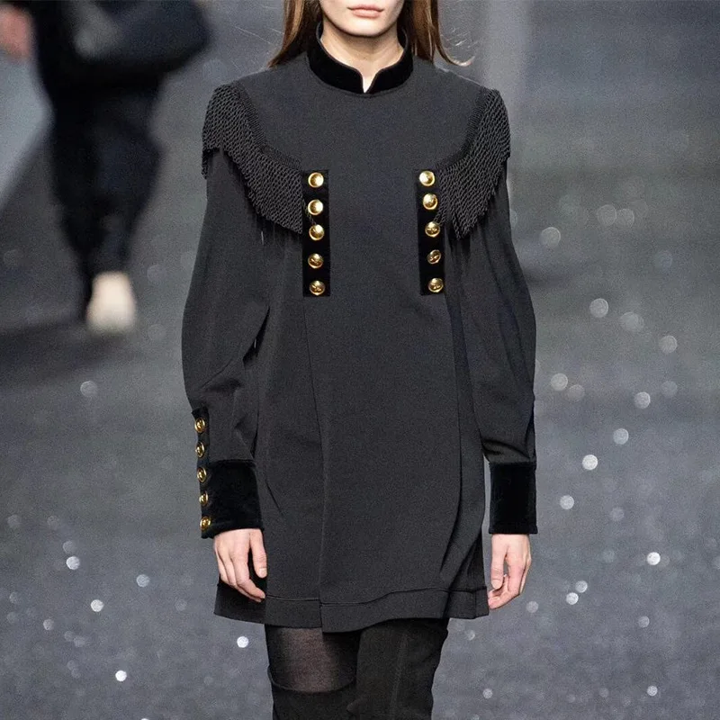 

Runway 2019 Autumn Women Loose Mini Dress Vintage England Double Breasted Designer Feminine Collection Tassel Patchwork Vestidos