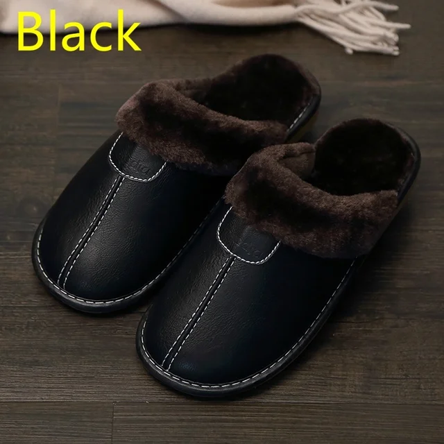 Men Slippers Black New Winter PU Leather Slippers Warm Indoor Slipper Waterproof Home House Shoes Women Warm Leather Slippers 5