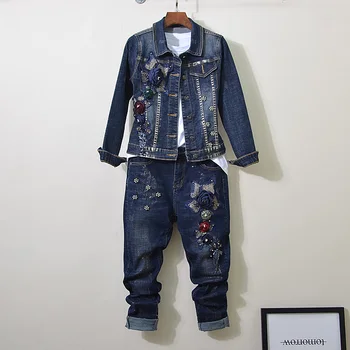 

Spring Autumn Womens Sets European Goods Industrial Stereo Flower Sequin Bead Elasticity Jeans + Long Sleeve Jacket 2 Piece Set