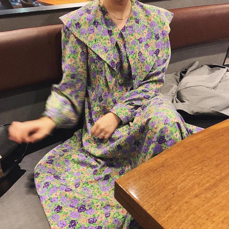 Neploe Flower Print Dress Women Fashion Turn Down Collar Long Sleeve Vestidos Summer 2020 Loose Slim Waist Female Dresses 1C682