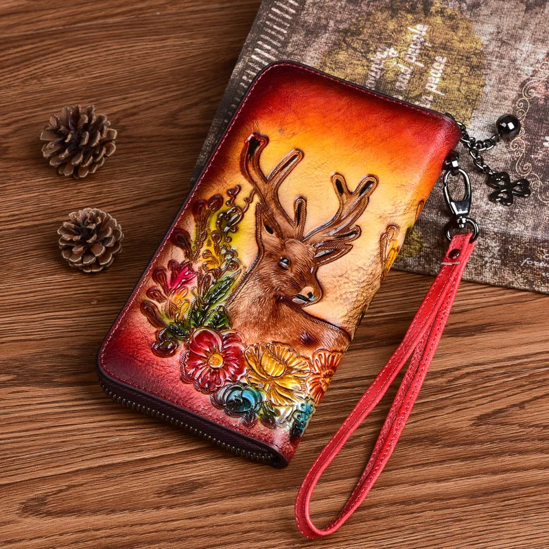 

Johnature Hand Painted Women Wallets 2022 New Genuine Leather Embossed Wallet Card Holder Long Zipper Cowhide Phone Purse