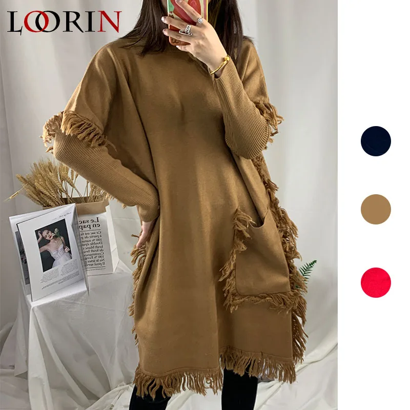 Lorin Autumn Winter Turtleneck Pullovers Loose Long Straight Tube Pocket Style Women Sweaters | Женская одежда