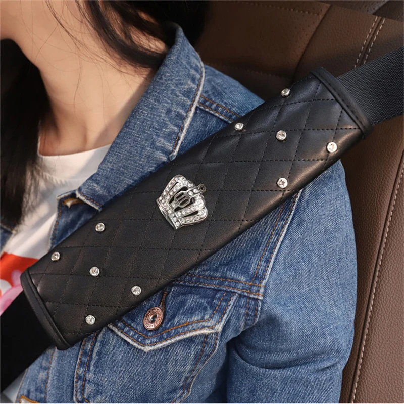 2pcs Fashion Rhinestone Leather Car Sefety Seat Belt Cover Crystal Crown Universal Shoulder Pad Car Styling Interior Accessories car accessories,seat belt covers,car seat belt accessory,safety belt shoulder guard