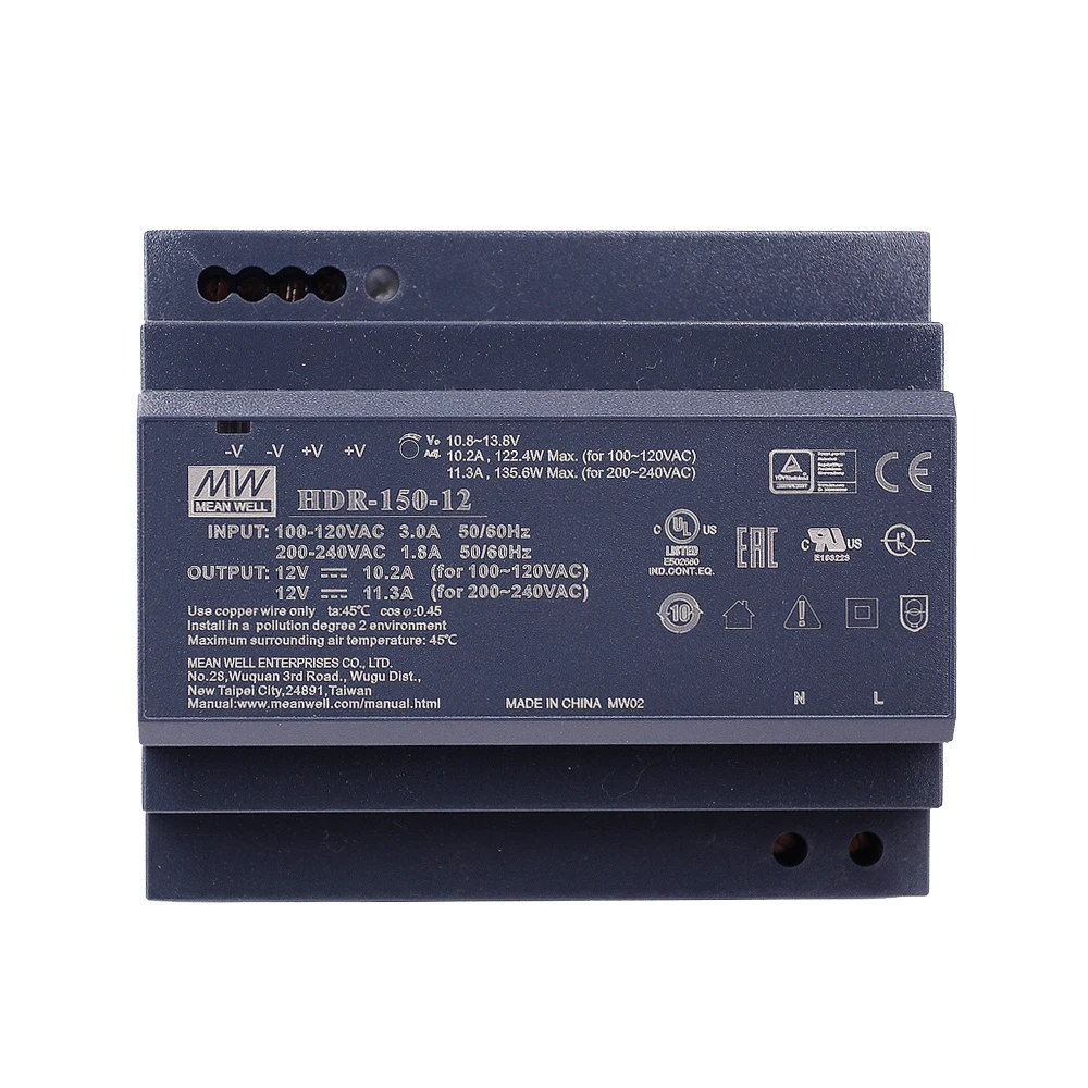 

Original Mean Well HDR-150-12 meanwell 12V DC 11.3A 135.6W Ultra Slim Step Shape DIN Rail Power Supply