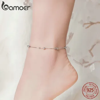 bamoer Minimalist Round Beads Anklet Sterling Silver Chian Bracelet for Leg Female Foot Jewelry For Women Leg Chain SCT005