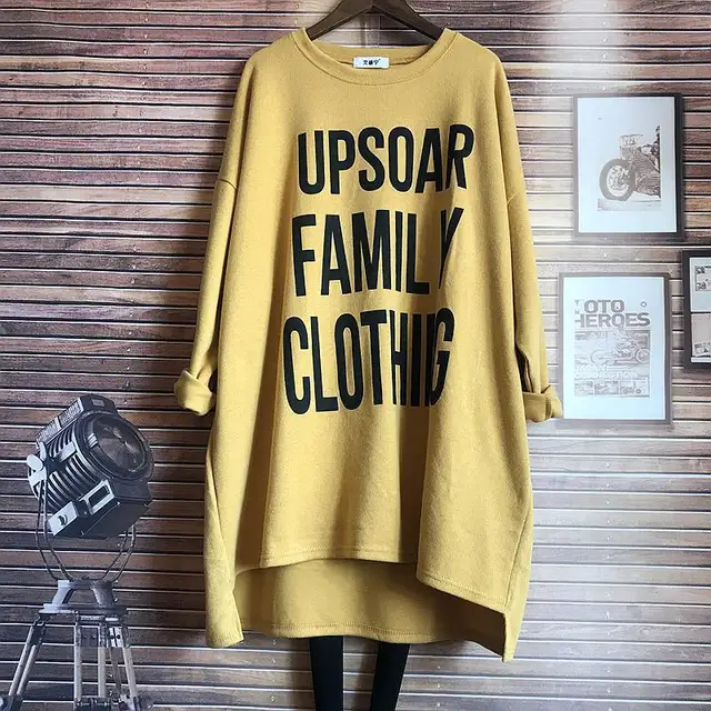 Women's 2021 Autumn Winter New Plus Size Pullover Loose Slim Mid Length Thick Casual Irregular Long Sleeved Letter T Shirt Yellow