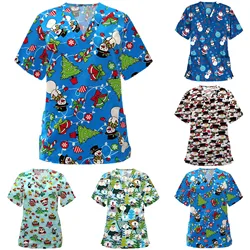 Unisex Scrubs Tops Christmas Print Lab Workwear Spa Uniforms Pet Grooming Women Uniform Beauty Uniforms uniforme enfermera