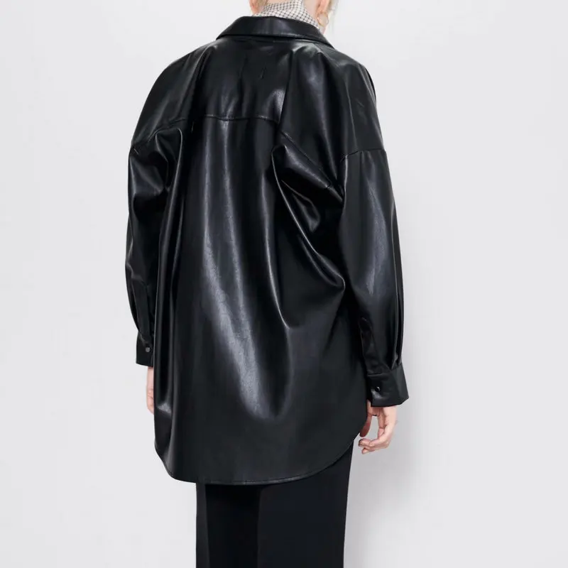 Ceny 2020 nowa jesienna moda damska fałszywe Faux Leather Turn Down Collar bluzki koszule Lady Boyfriend Loose Packet eleganckimi guzikami topy