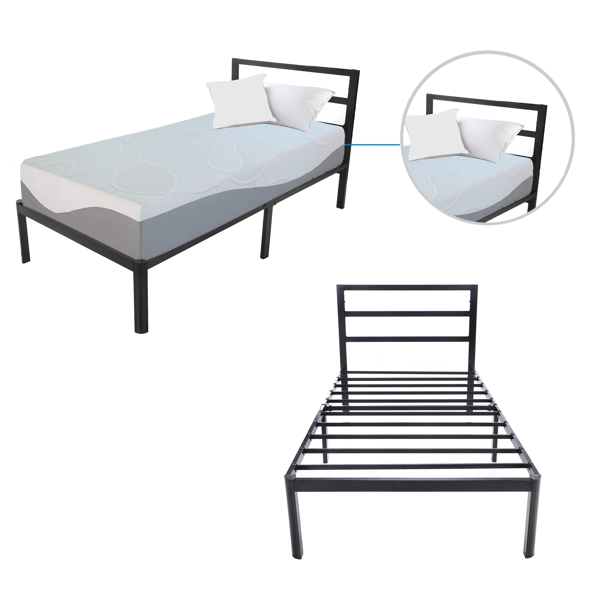 

14" Heavy-Duty Metal Bed Frame with Slats and Headbord Mattress Foundation Twin to King Size Home Bedroom Accessories Patas Somi