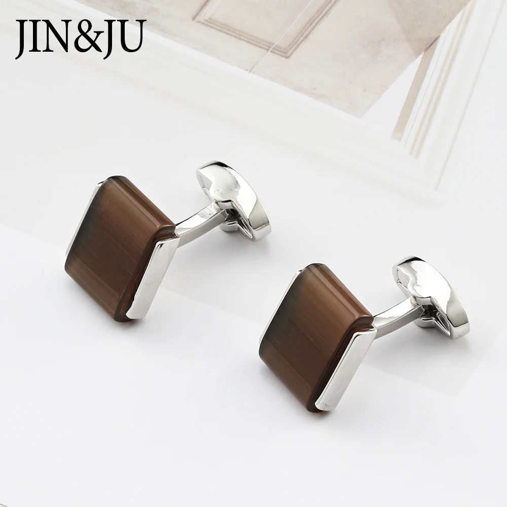 Недорогие забавные Запонки с камнем кошачий глаз для мужчин s JIN& JU высококачественные роскошные запонки с коробкой серебристого цвета мужские ювелирные изделия