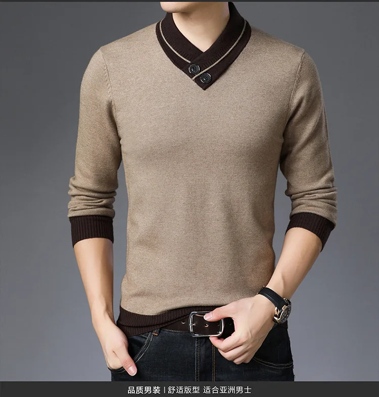 Autumn Winter V-neck Pullover Men Sweater Knitted Shirt Thick Cotton Warm Mens Robe Hombre For Male Sweater Knitted Shirt