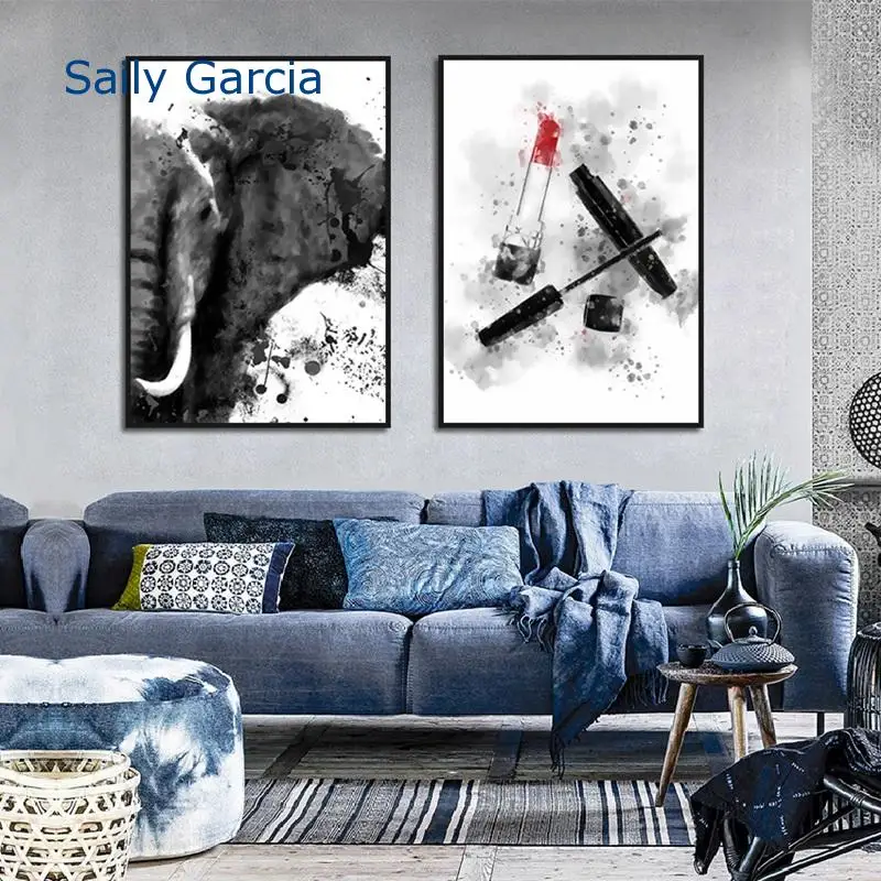 

Elephant Lipstick Canvas Poster Black and White Animal Ink Painting Print Wall Pictures for Living Room Modern Home Decoration