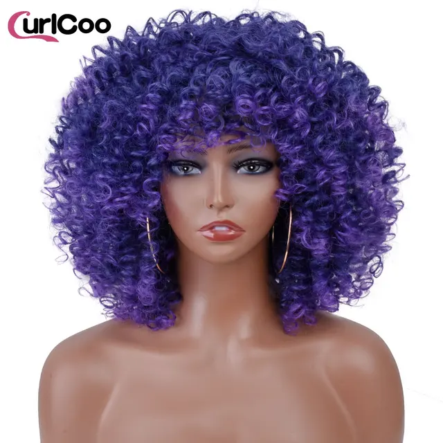 Short Afro Kinky Curly Wigs With Bangs For Black Women Synthetic Ombre Natural Heat Resistant Hair Brown Cosplay Highlight Wigs LZ
