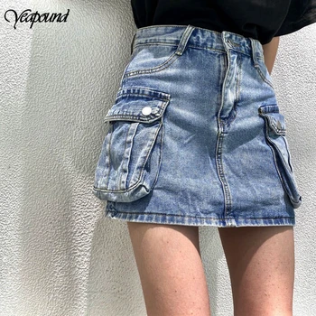 

Sexy Women Denim Mini Skirt Fashion Summer High Waist Double Pocket Skirt Package Hip Jeans Harajuku Cotton Jupe Femme