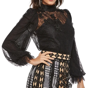 

HIGH STREET Newest Fashion 2020 Designer dress Women's Stand Collar Long Sleeve Lace Gauze Embroidery Blouse Top