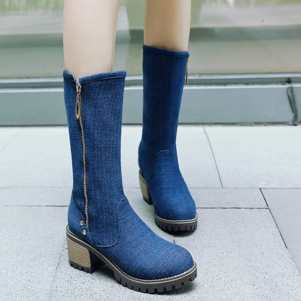 Женские джинсовые сапоги до середины икры в римском стиле; однотонная обувь большого размера; женские рыцарские Сапоги на молнии и не сужающемся книзу среднем каблуке; chaussures femme