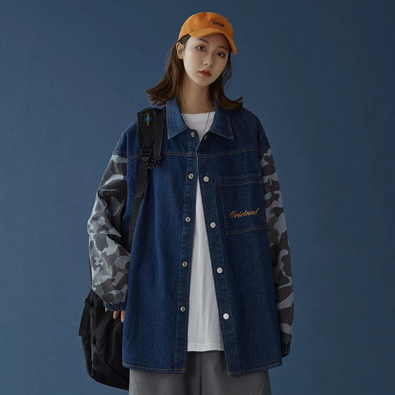 

2020 Womens Denim Jackets and Coats for Women Fall Patchwork Outerwear Camouflage Sleeve Button Jeans Jacket Harajuku Streetwear