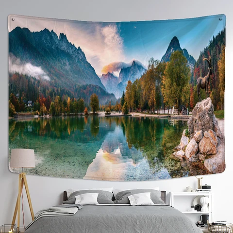 And River Landscape Painting Tapestry Wall Hanging Nature Bohemian Style Background Cloth Home Decor