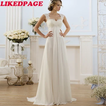 

LIKEDPAGE Romantic Summer Chiffon Wedding Dresses Lace Top Cap Sleeve Keyhole Back Beach Wedding Gowns Pregnant Bridal Gowns